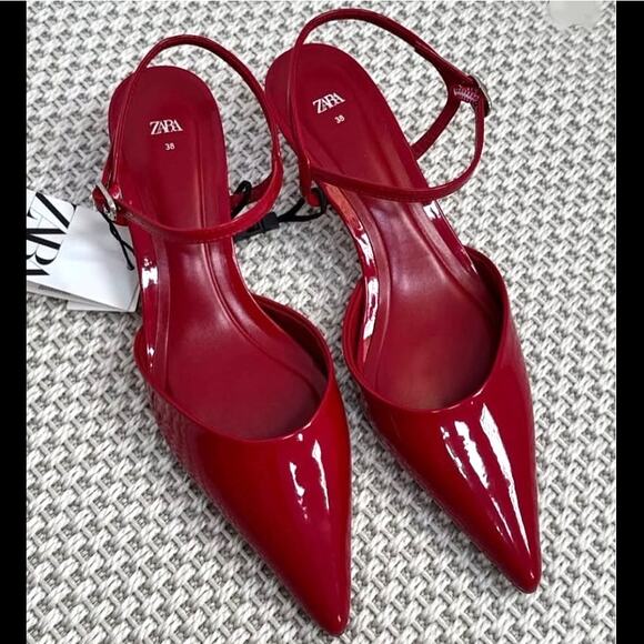 ZARA Red Patent Slingback Heels NWT – Pointed Toe Kitten Heels, Size 7.5 & 8 - Picture 11 of 16